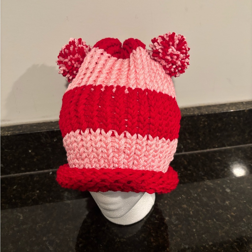 NWOT Teen/Adult Knit Red and Pink Hat with Pom Poms